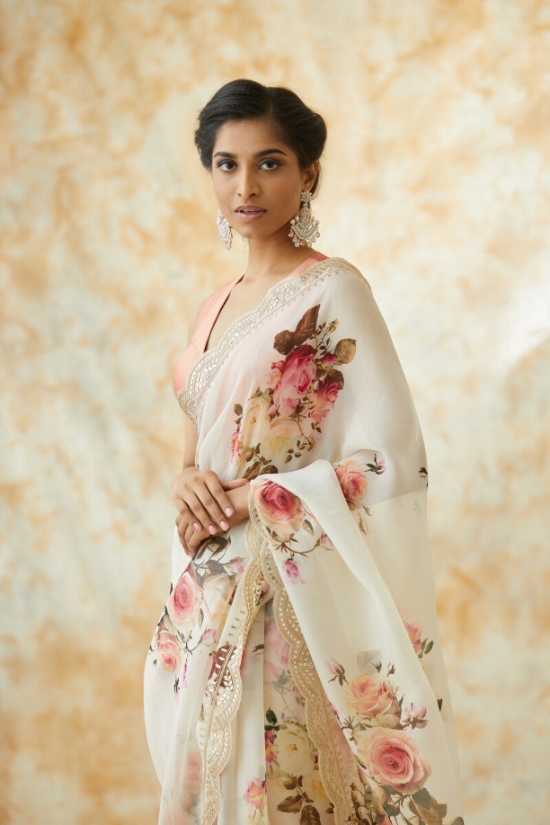 Cream Organza Floral Print Saree