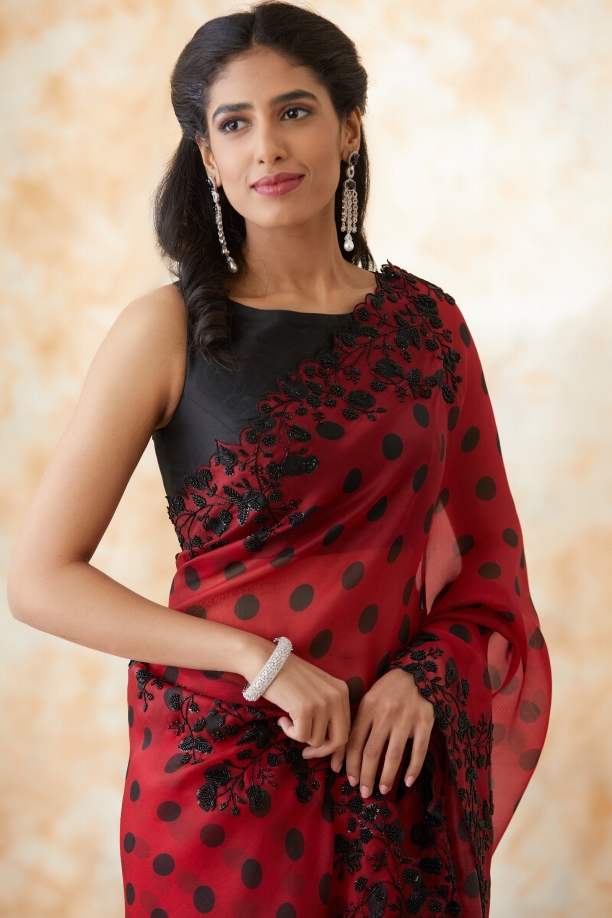 Carmine Red Black Polka Dot Organza Saree