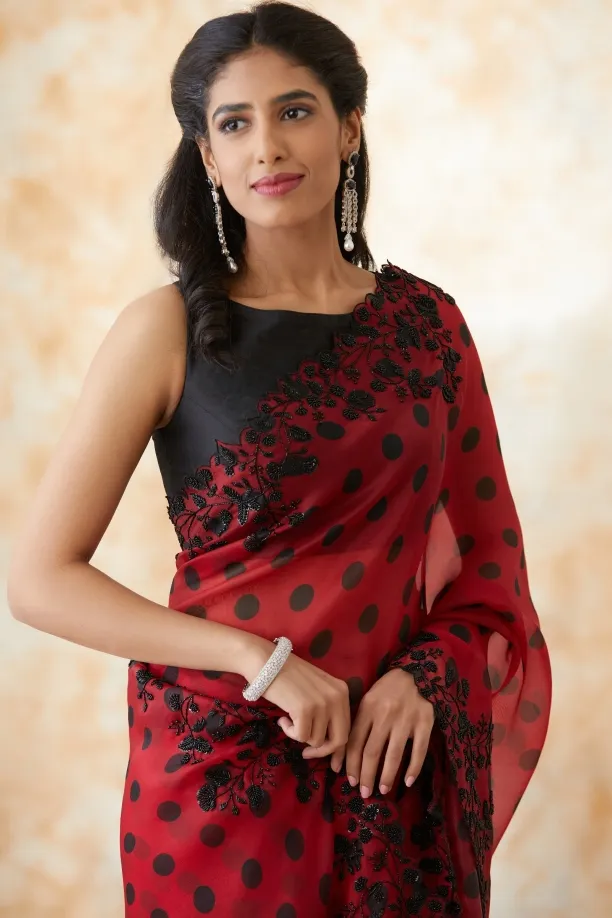 Carmine Red Black Polka Dot Organza Saree