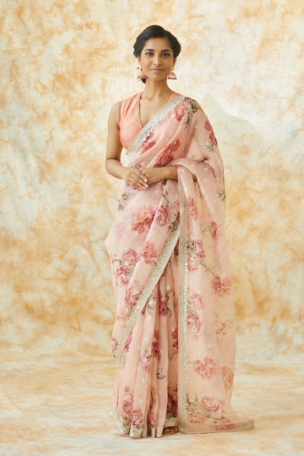 Rose Pink Organza Floral Print Saree