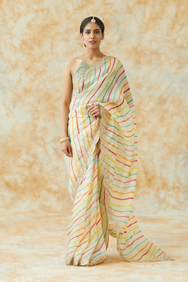Cream Organza Lehriya Saree
