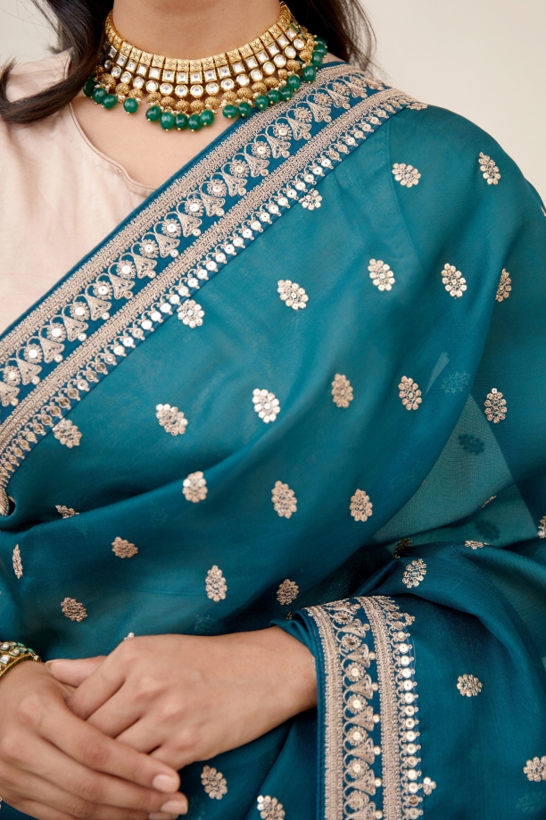 Turquoise Green Organza Saree