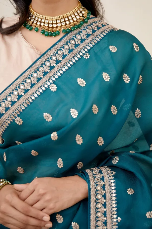 Turquoise Green Organza Saree