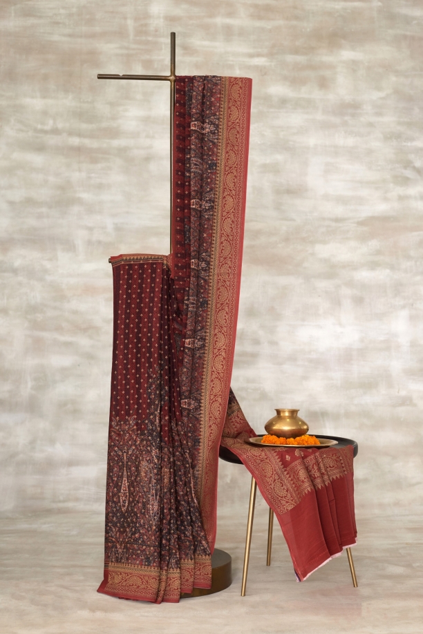 Banarasi Crepe Rust Printed Silk Saree