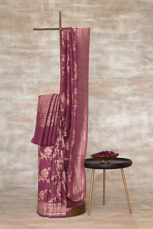 Dusty Dark Pink Banarasi Tussar Silk Saree