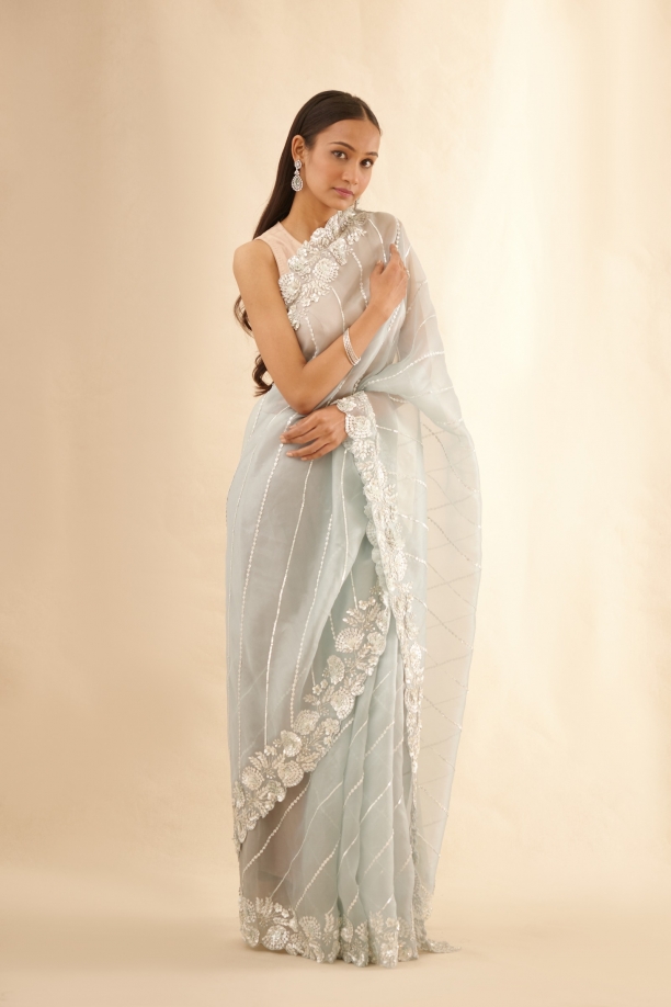 Ice-Blue Floral Organza Saree