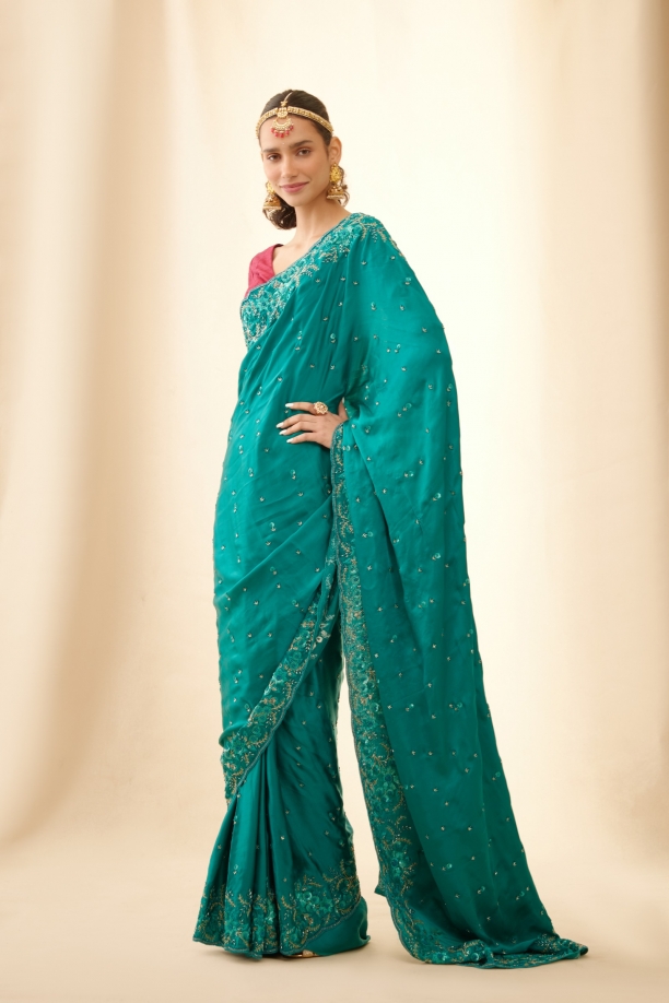 Emerald Green Embdroidered Satin Saree
