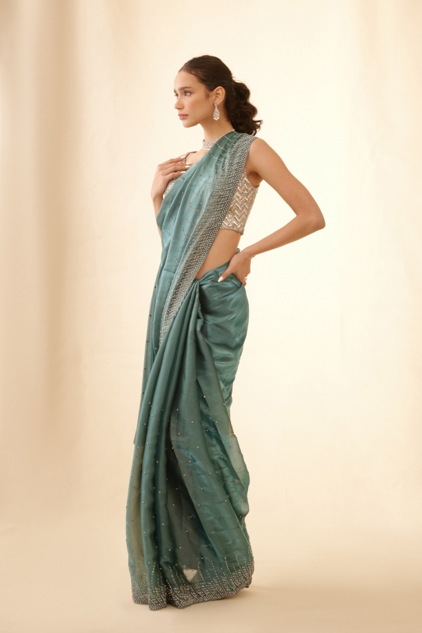 Metallic Teal Organza Satin Saree