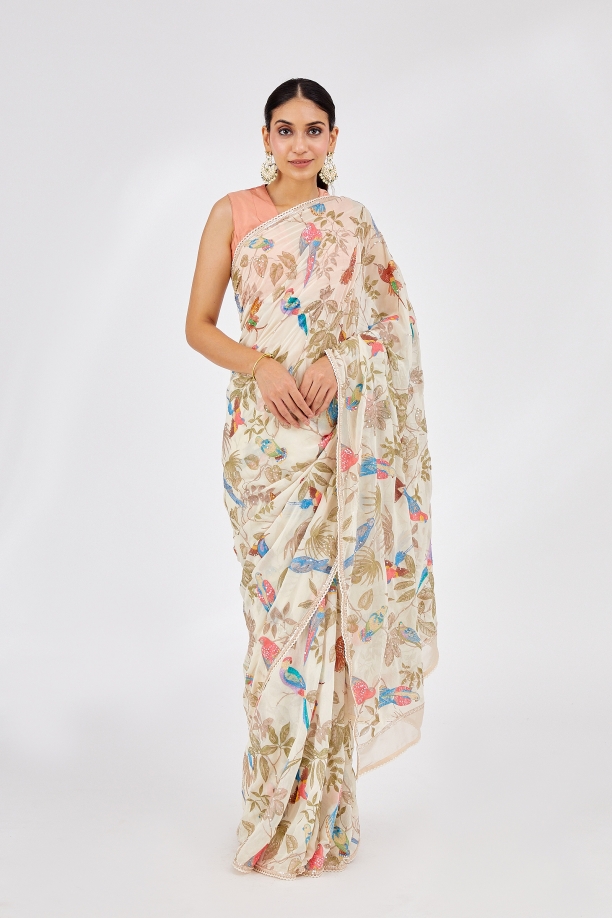 Ivory Printed Georgette Saree