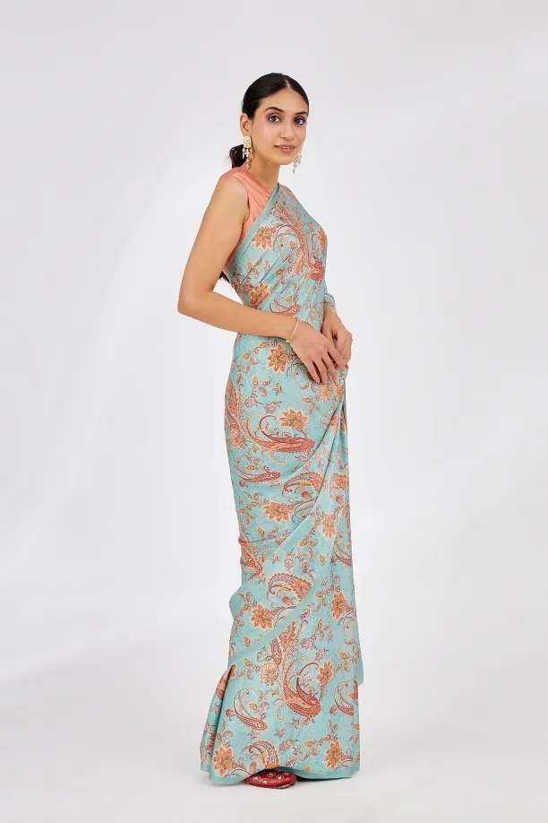 Ocean Green Printed Crepe Saree
