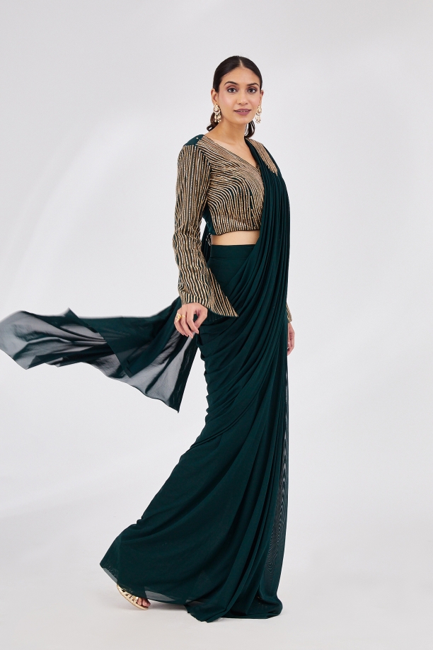 Bottle Green Drape Saree