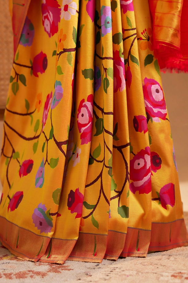 Amber Yellow Paithani Silk Saree