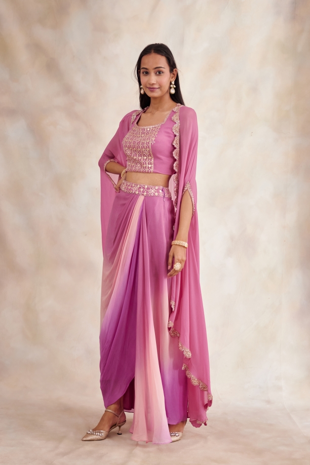 Pink Ombre Drape Lehenga Set