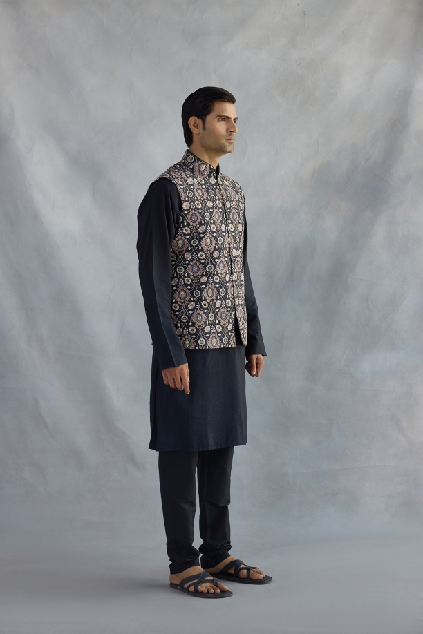 Space Blue Raw Silk Half Jacket Set