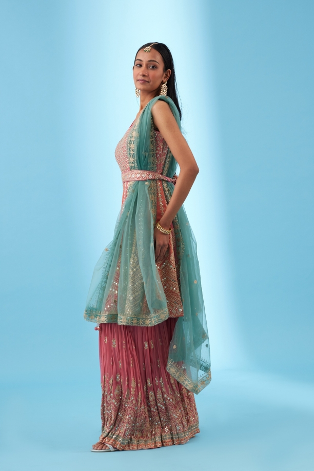 Coral Georgette Peplum Garara Set