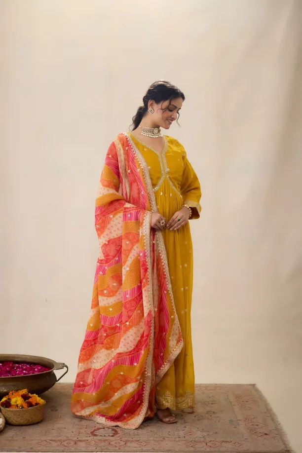Daisy yellow Anarkali suit set
