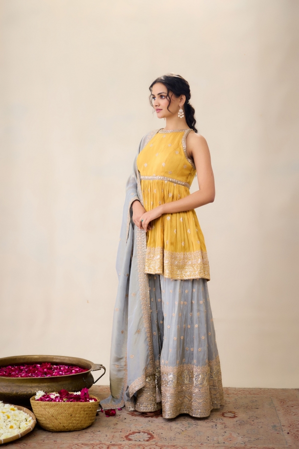 MUSTARD YELLOW & GREY SHARARA SET