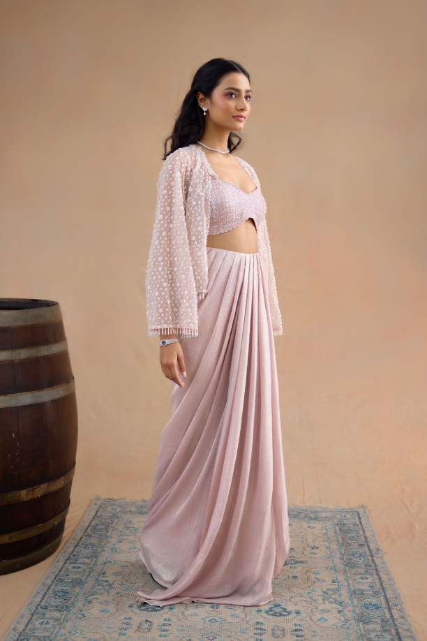 Dusty Pink Drape Saree Set