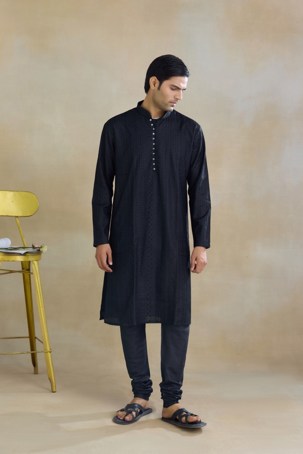 Black Monga Silk Kurta Set