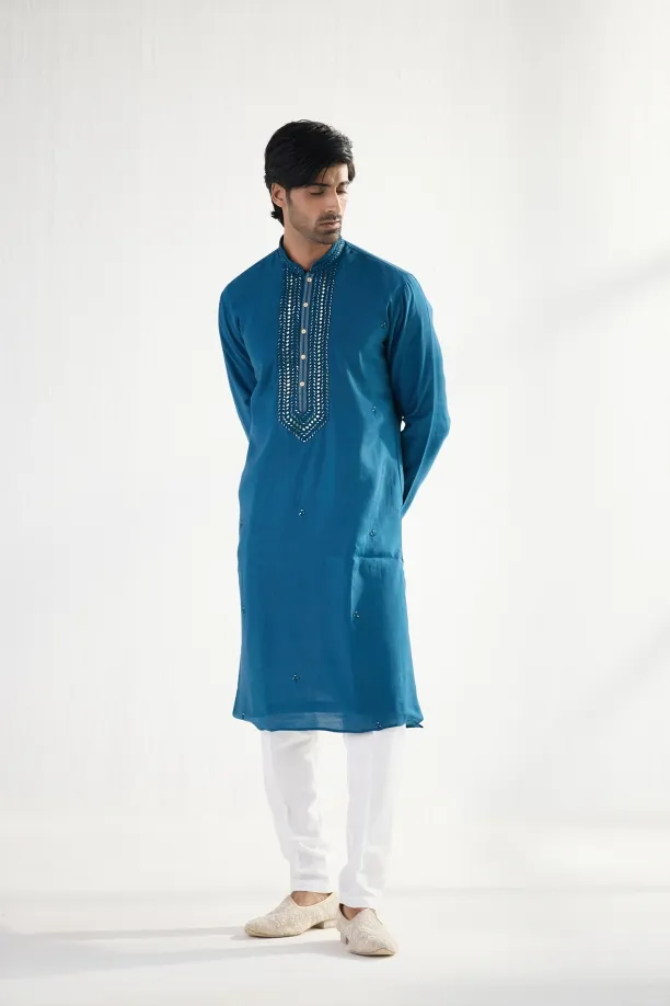 Cerulean Blue Cotton Mirror Kurta Set