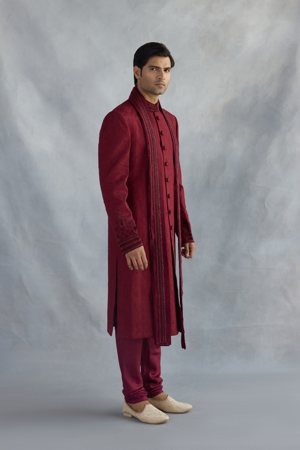 Cherry Red Silk Sherwani Set