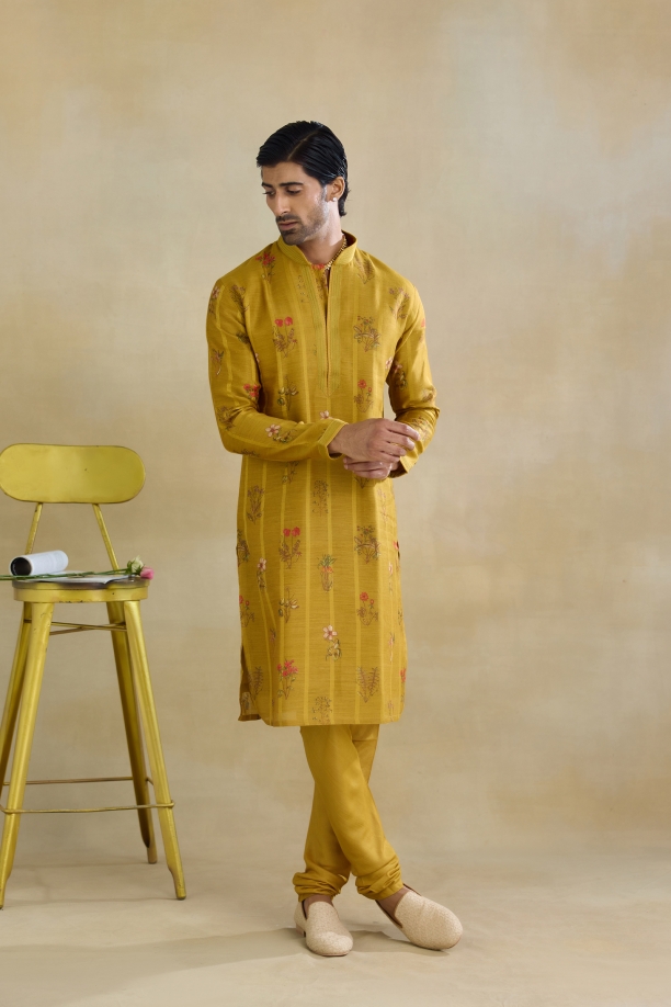 Mustard Silk Printed Kurta Set