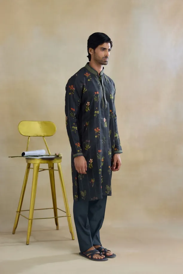 Shadow Black Silk Printed Kurta Set