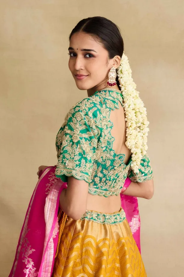 Mustard Yellow Banarasi Silk Lehenga Set