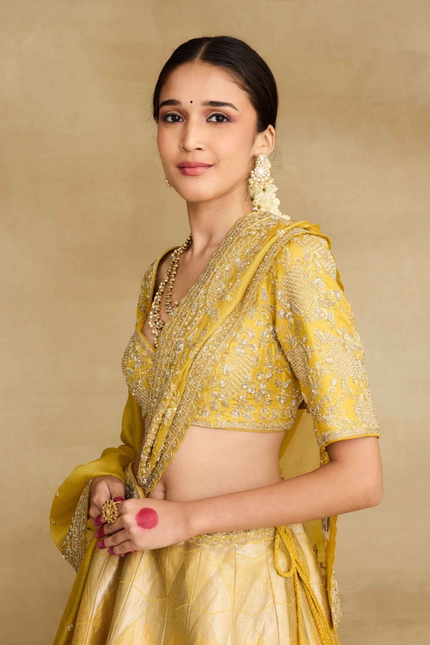 Yellow Banarasi Silk Lehenga Set