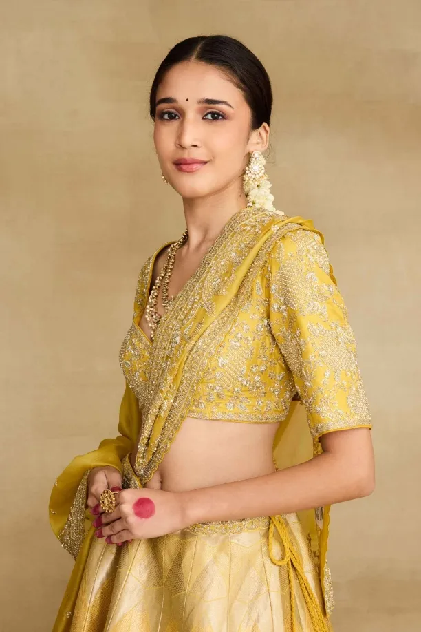 Yellow Banarasi Silk Lehenga Set