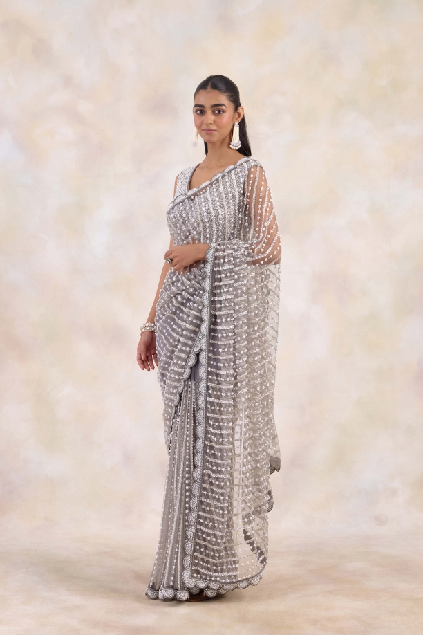 Ash Mauve Embroidered Net Saree 