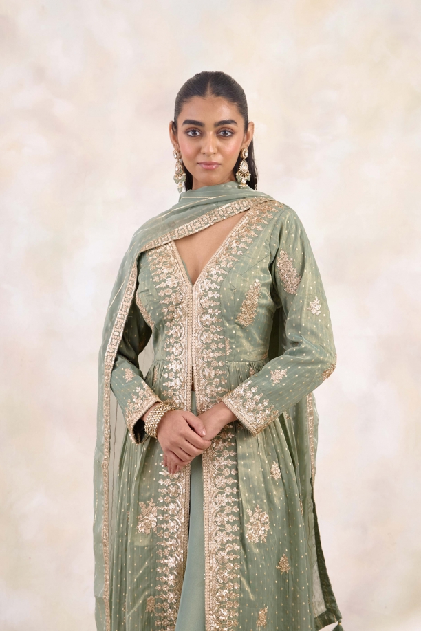 Olive Mist Tissue Sharara Set 