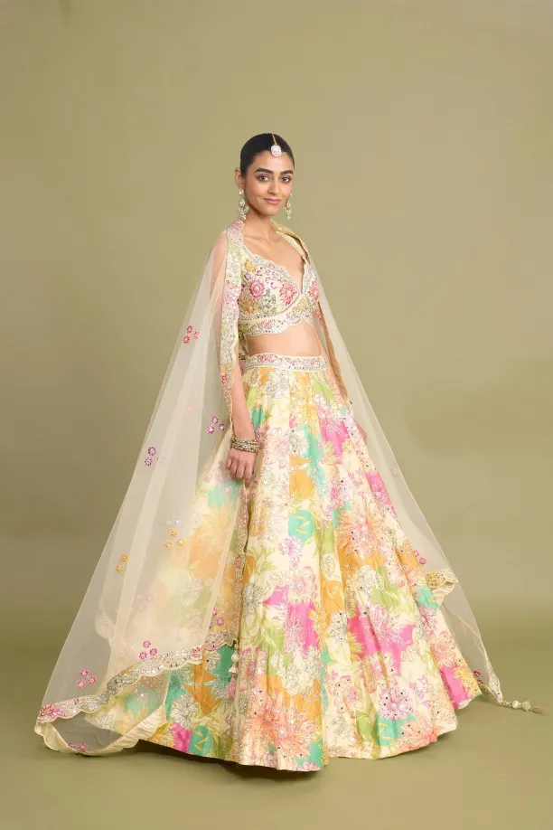 Ivory White Floral White Printed Raw Silk Lehenga 