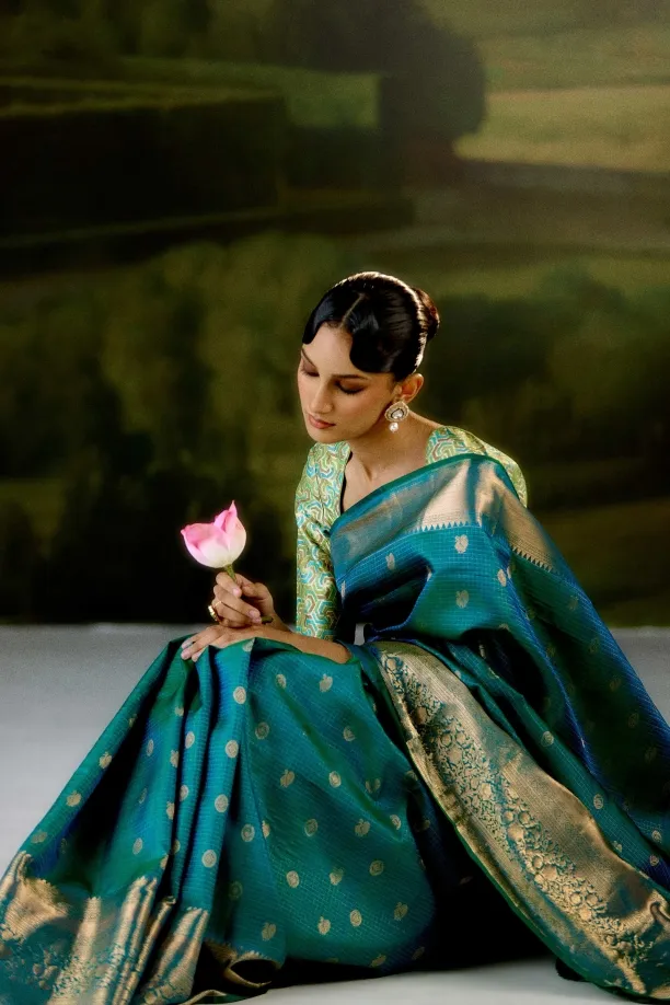 Teal Pure Silk Saree