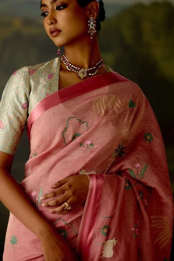 Coral Pink Tissue Saree
