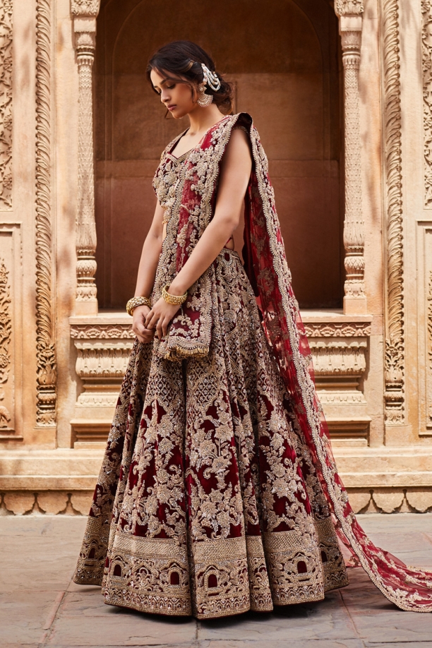 Burgundy Embroidered Bridal Lehenga