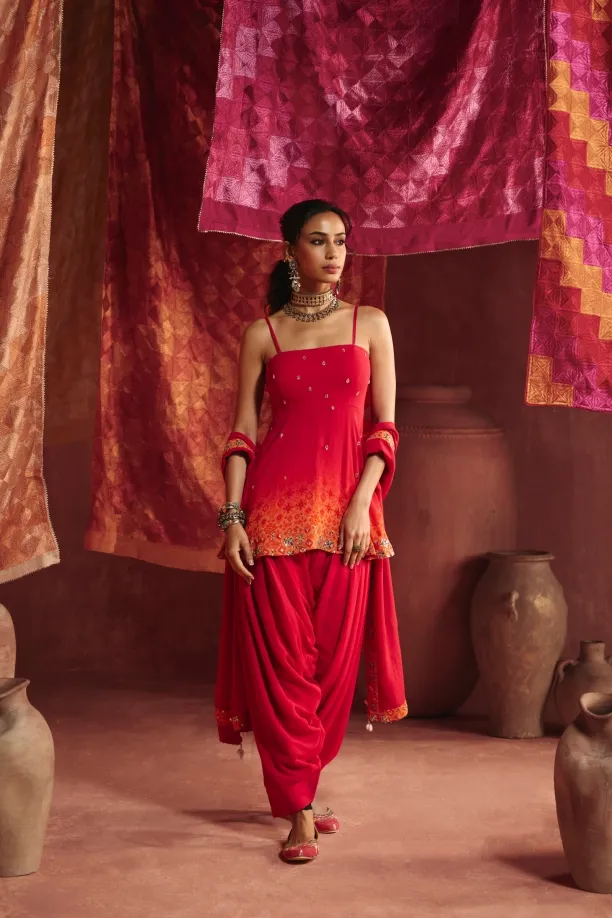 Chilli Scarlet Georgette Dhoti Set