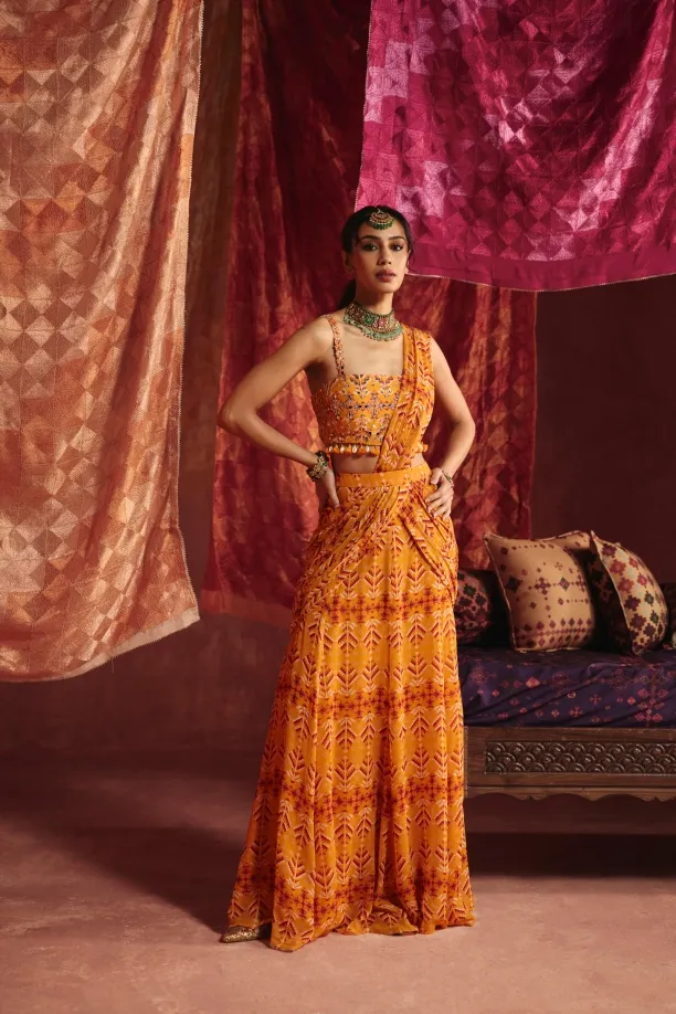 Yellow Georgette Drape Saree