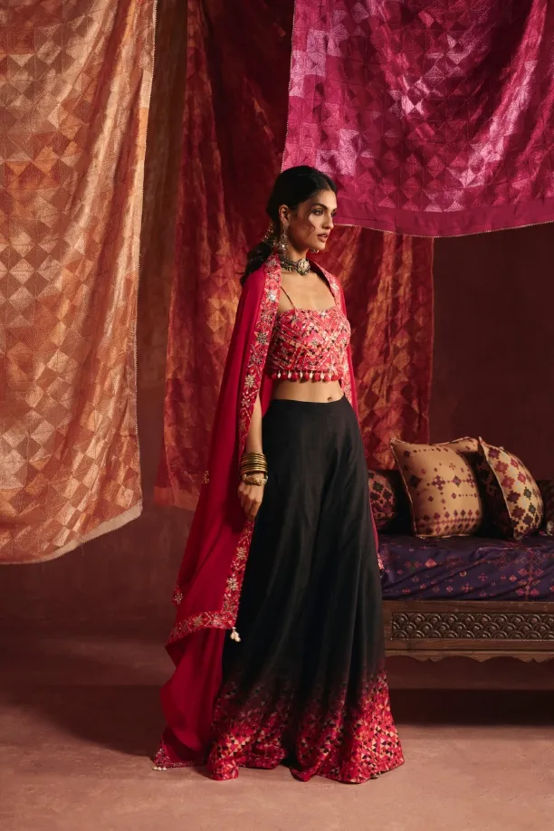 Rani Pink And Black Silk Sharara Set