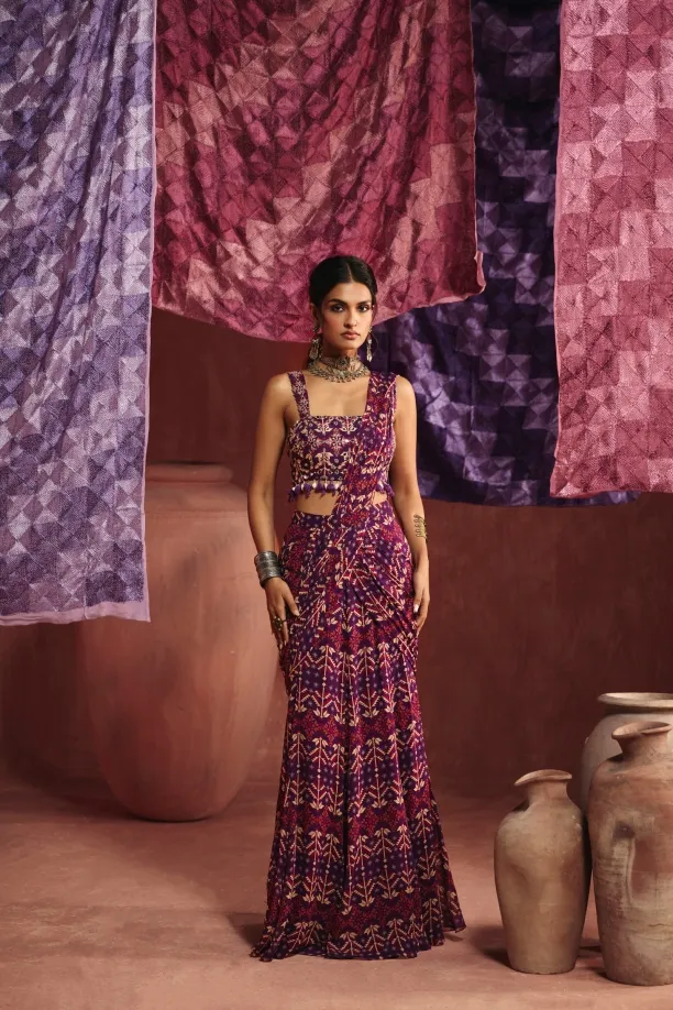 Purple Georgette Drape Saree