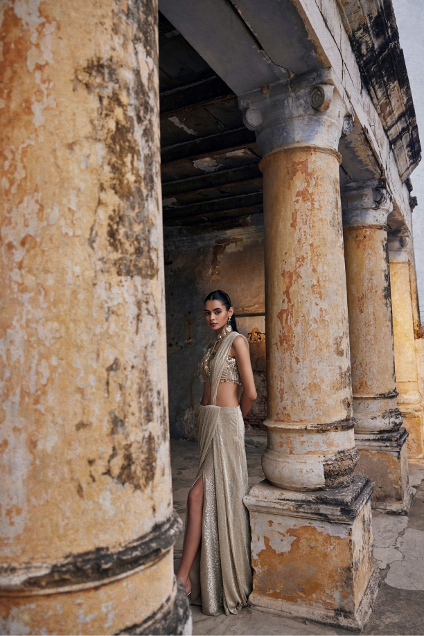 Champagne Gold Slit Net Drape Saree