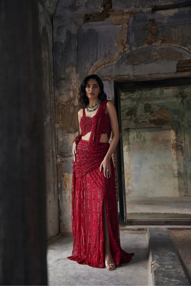 Carmine Red Net Drape Saree