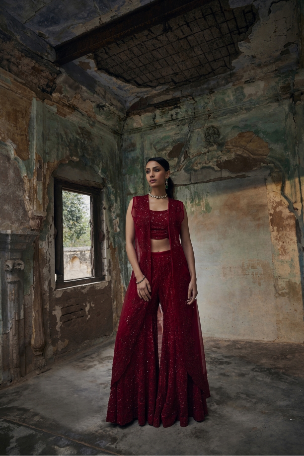 Cherry Red Net Co-ord Set