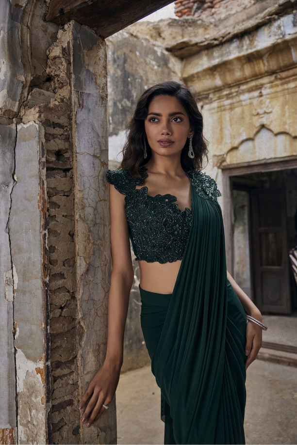 Bottle Green Net Drape Saree