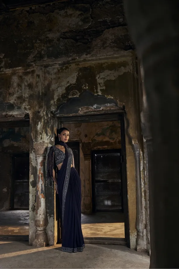Midnight Blue Net Drape Saree