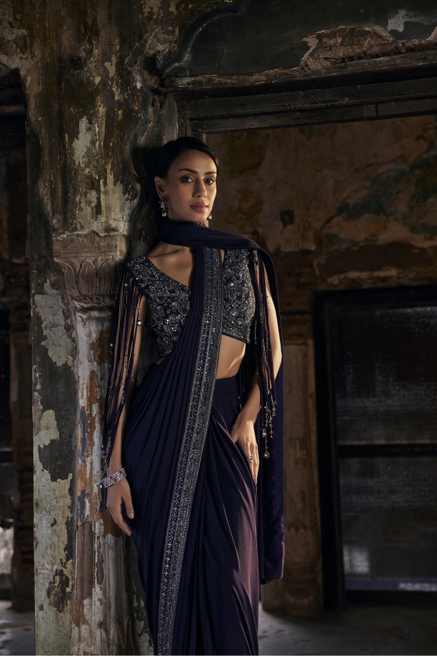 Midnight Blue Net Drape Saree