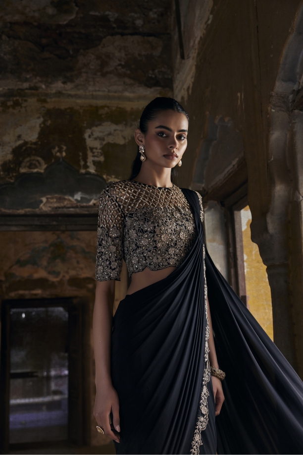 Pure Black Net Drape Saree