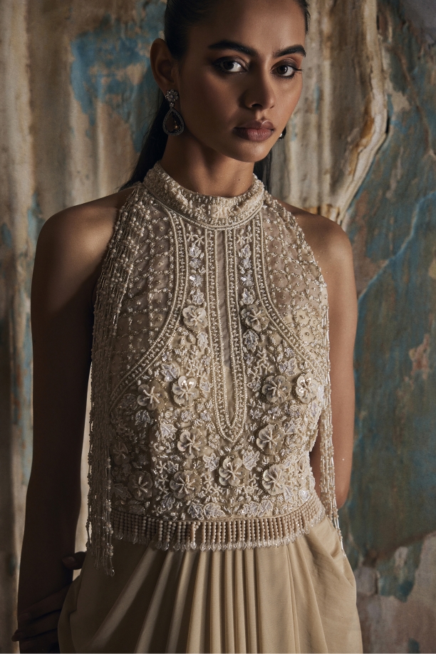 Beige Draped Net Gown