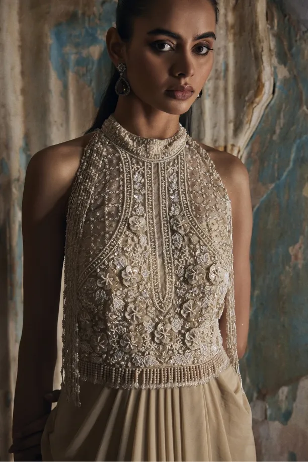 Beige Draped Net Gown