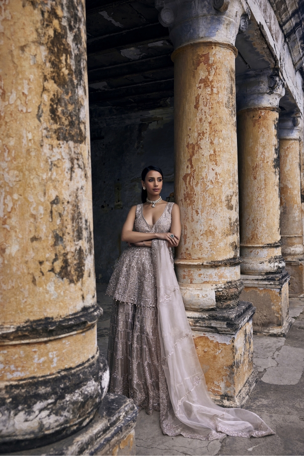 Taupe Tissue Sharara Set